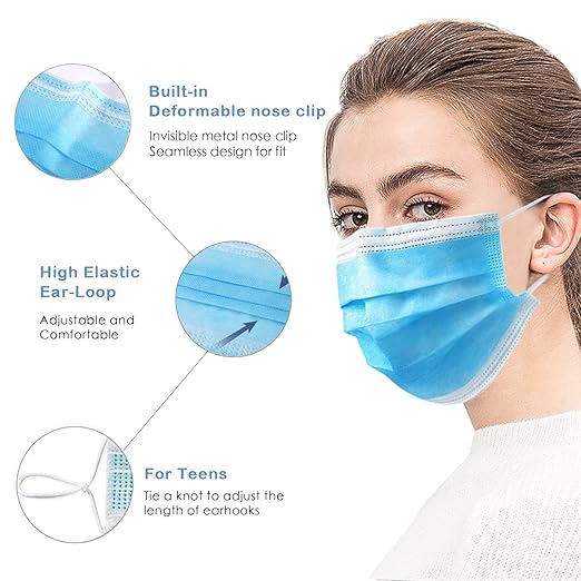 Wecolor 100 PCS Blue Masks, Disposable Face Mask, 3 Ply Protection Masks