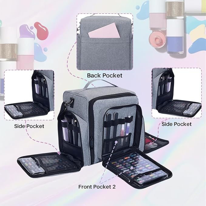 YAHOURWAT Nail Polish Organizer Holds 60 Bottles and a Nail Lamp,Portable Travel Case with 2 Removable Bags and Tools Storage Pockets Grey
