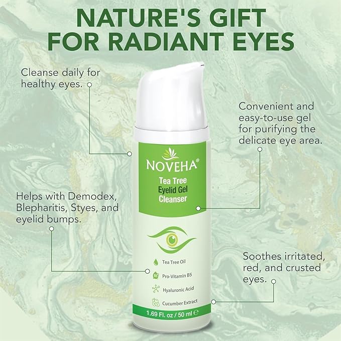 NOVEHA Tea Tree Eyelid Gel Cleanser with Pro-Vitamin B5, Hyaluronic Acid & Cucumber Extract – Gentle Daily Cleansing for Eyelids & Lashes – Plant-Based Formula – 50mL (3 Pack)