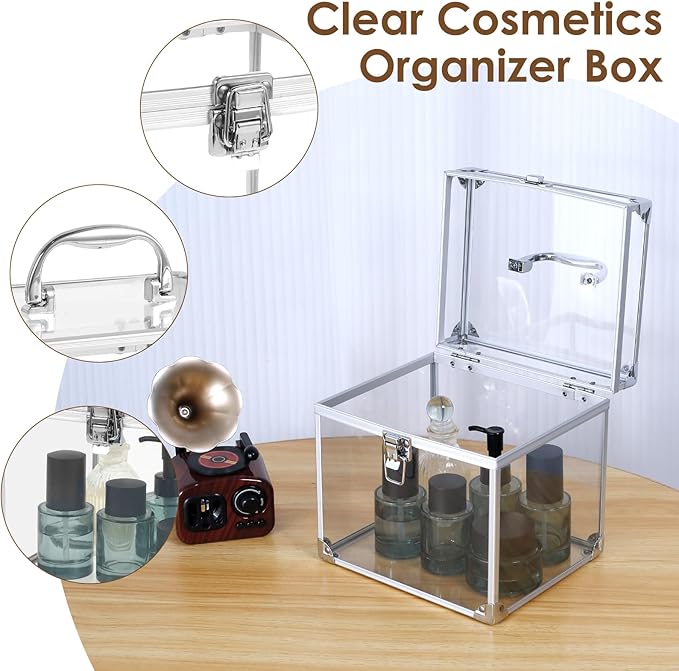 Fizocosisto Makeup Box,Clear Cosmetic Case with Latches and Handle Large Capacity Toiletry Organizer Box Travel Makeup Tools for Vanity Bathroom Counter Dresser(silver)