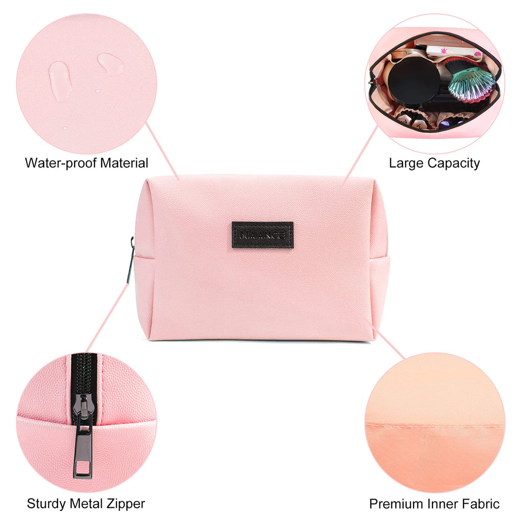 MAANGE 2 Pcs Small Makeup Bag For Purse, Travel Cosmetic Bag Makeup Pouch PU Leather Portable Versatile Zipper Pouch For Women (Pink+Blue)