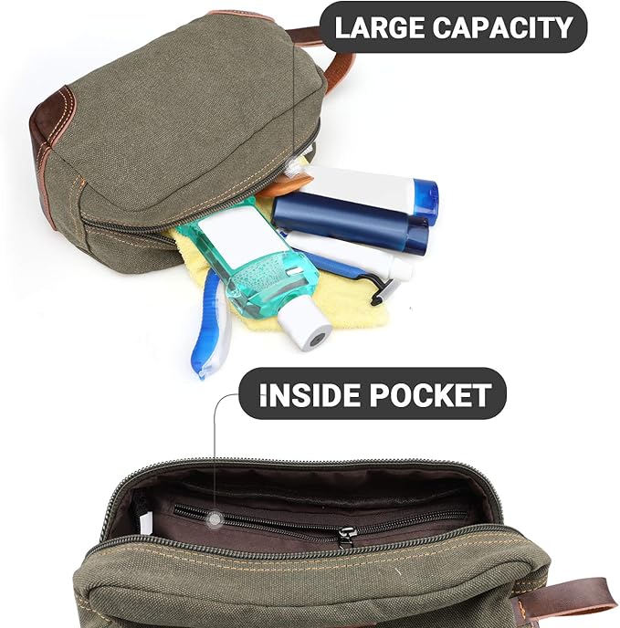 emissary Men's Canvas Travel Toiletry Bag, Leather Dopp Kit - Dark Green