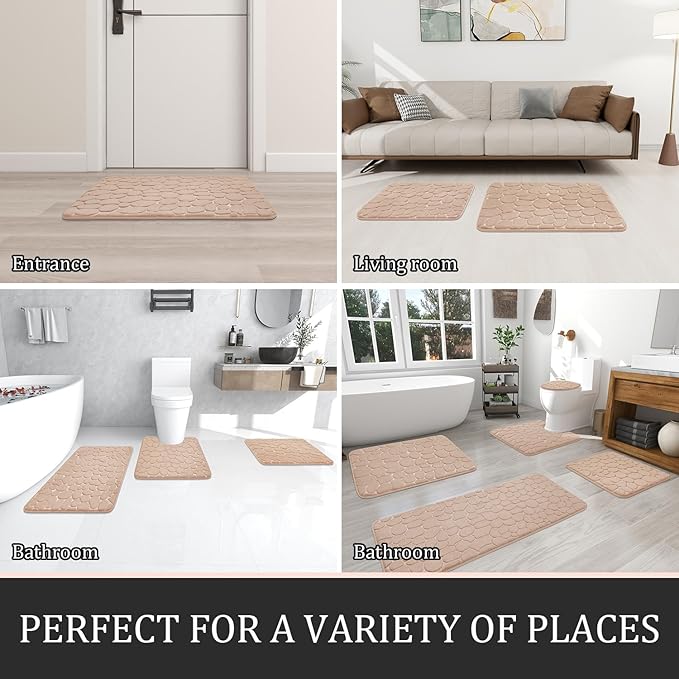 YIHOUSE Bathroom Rugs Mat Set, Memory Foam Bath Mat 2 Piece Khaki