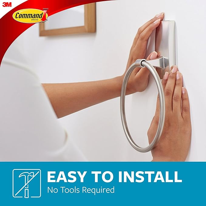 Command Hand Towel Holder Satin Nickel with Water Resistant Command Strips,Rust Resistant Bathroom Organizer,Holds up to 5 lbs,(Pack of 8)