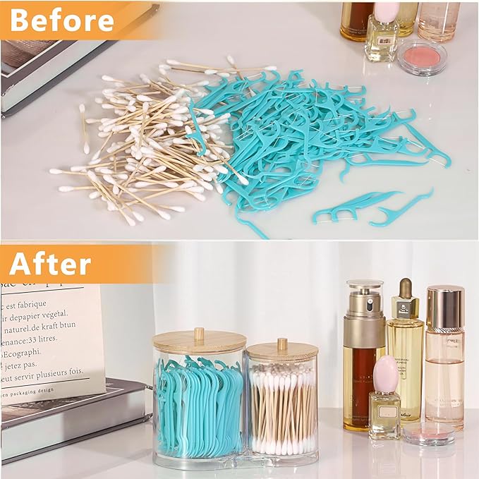 Hipiwe Acrylic Cotton Swab Holder Clear Qtip Dispenser with lid 2 Compartment Bathroom Accessories Storage Canister for Cotton Ball Vanity Makeup Organizer