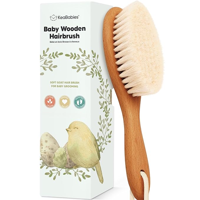 Wooden Baby Hair Brush - Cradle Cap Baby Brush with Soft Goat Bristles, Perfect Gentle Scalp Newborn Comb for Infant, Girls, Boys, Bath Essentials (Golden Oak, Regular)