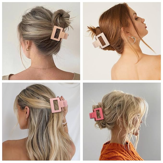 Medium Hair Clips Combination 2 Styles Small Claw Clips for Thin Hair 8 Pcs Matte Non-slip Rectangle Jaw Clips Square Hair Accessories for Women and Girls (Pink)