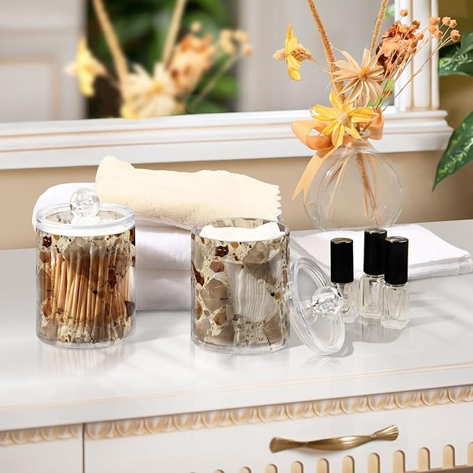 xmycdz 2 Pack Brown Marble Print Apothecary Jars with Lid, 10 Oz Marble Print Clear Plastic Apothecary Jar Set Qtip Holder Storage Containers for Cotton Ball Swabs Bathroom Vanity