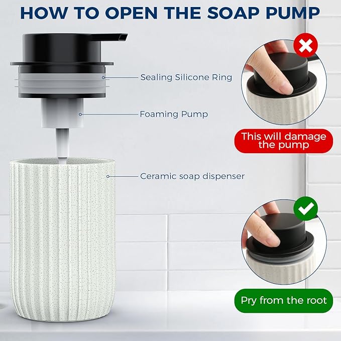 POSOSTO Ceramic Foaming Hand Soap Dispenser，12 oz Bathroom Soap Dispensers， Lotion Dispenser for Kitchen, Refillable Matte Streaks Soap Dispenser with Large Pump(Beige)