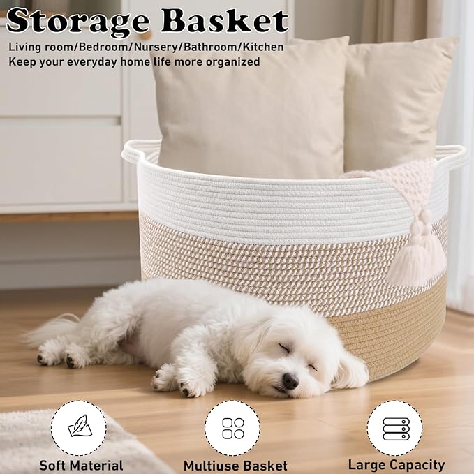 90L Large Blanket Basket,21.7"L x 21.7"W x 13.8"H Rope Woven Baskets with Handles, Toys Storage Bins,Laundry Basket Perfect for Living Room, Nursery,Bedroom,Home Organization,Yellow