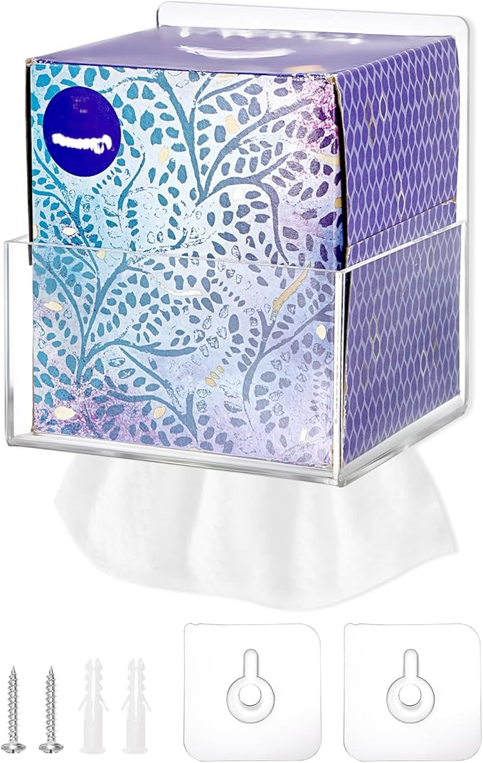 Acrylic Tissue Box Holder Wall Mounted, Clear Square Tissue Dispenser with Self Adhesive Hook and Screws, Classic Tissue Box Cover Tissues Organizer for Bathroom Toilet Kitchen Desk Cabinet RV