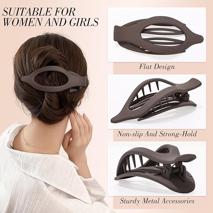 Obeoby 8 Pcs Flat Hair Clips for Women, 4 Types French Flat Claw Clips Hair Barrettes Accessories Large Medium (Beige, Dark Brown)