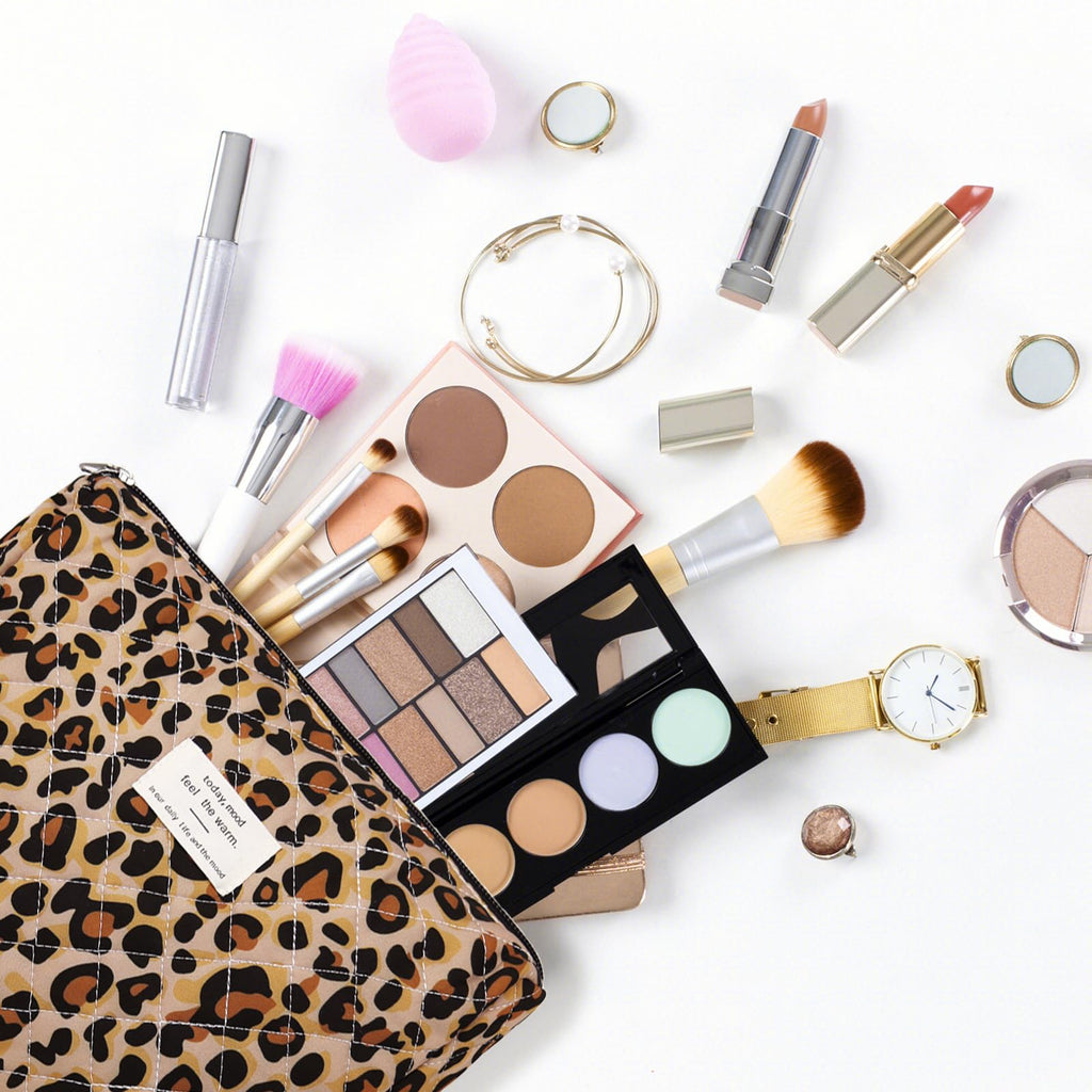 Gosect 2PC Makeup Bag Set, Cute Cosmetic Bag for Women Girls, Floral Coquette Aesthetic Toiletry Bag, Travel Make Up Organizer Bag (Leopard Print)
