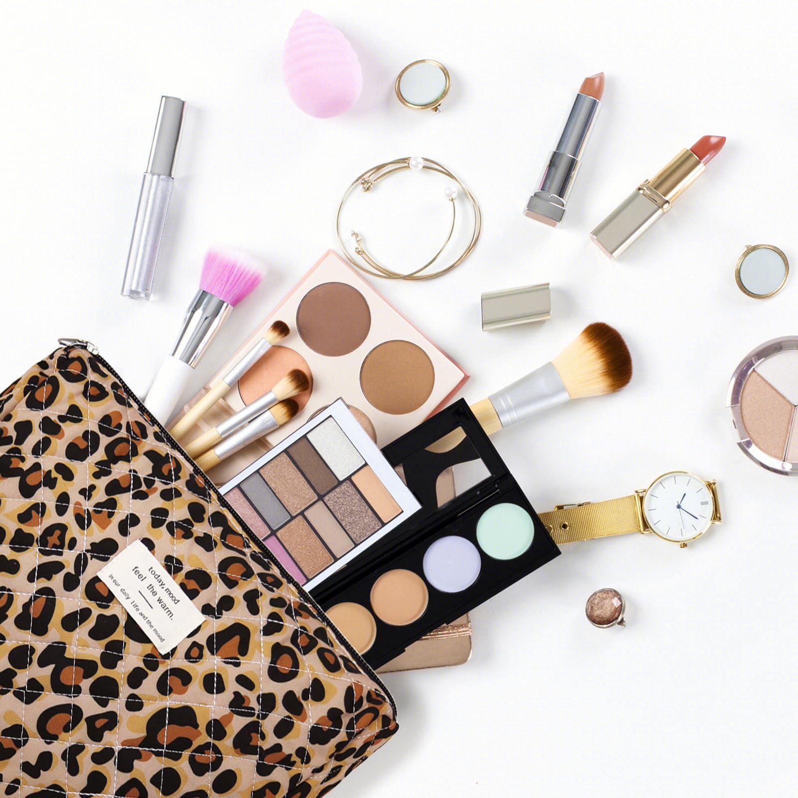 Gosect 2PC Makeup Bag Set, Cute Cosmetic Bag for Women Girls, Floral Coquette Aesthetic Toiletry Bag, Travel Make Up Organizer Bag (Leopard Print)