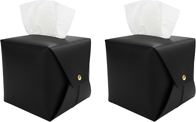 Frayot 2 Pack Tissue Box Cover Square, Faux Leather Tissue Holder Organizer with Side Openings for Bathroom, Vanity, Tabletop, Office (Black)