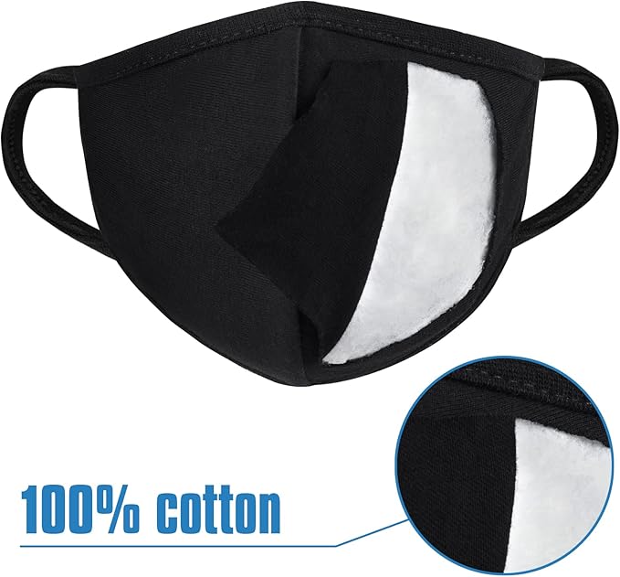 Pack 3 Black Cloth Dust Mouth Mask - 3 Layers All Cotton - Reusable Washable Comfy Breathable Material