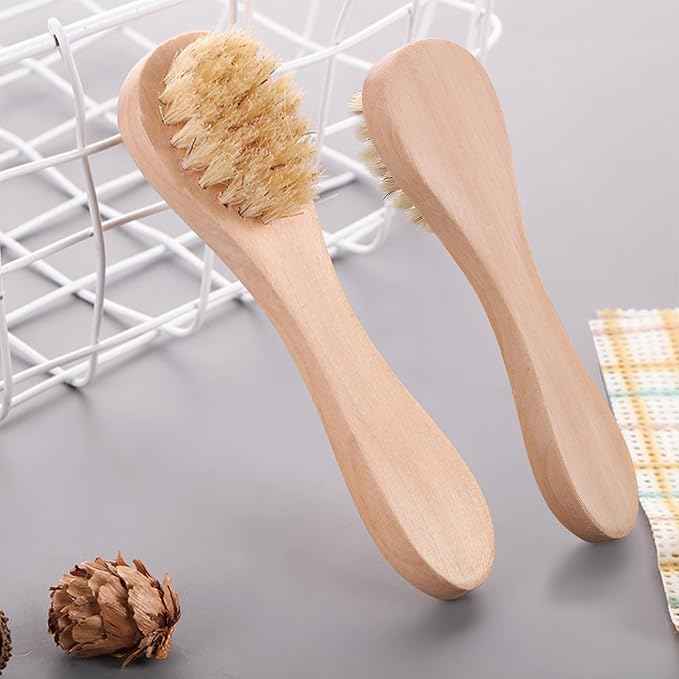 Kootinn 2 Pack Mini Dry Brush, Natural Bristle Small Body Brush, Exfoliating Facial Cleansing Brush for Soft Skin and Other Sensitive Areas Like Your Neck, Chest, and Nails