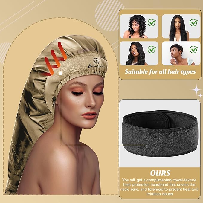 Bonnet Hair Dryer Attachment - Bonnet Hood Dryer with Headband That Reduces Heat Around Ears and Neck, Use for Hair Styling, Hair Drying, Curling and Deep Conditioning (Extended Version, Gold)