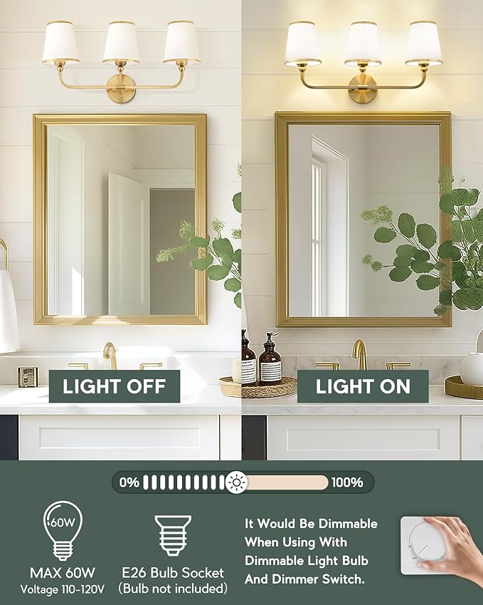 3-Light Bathroom Light Fixtures, Brushed Gold Vanity Lights Over Mirror with White Fabric Shade, Modern Sconces Wall Lighting for Hallway Bedroom, VL837-BG-X-3