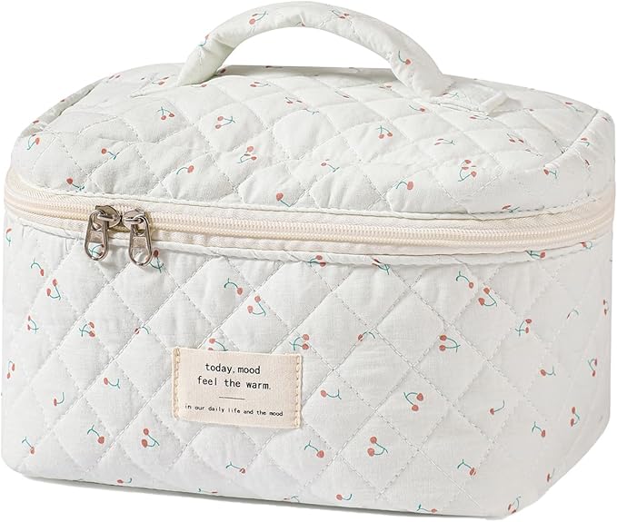 uekeboag Large Travel Quilted Makeup Bag for Women, Floral Cotton Cosmetic Bag, Coquette Aesthetic Floral Toiletry Organizer Bag (White-Cherry)