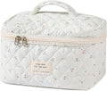 uekeboag Large Travel Quilted Makeup Bag for Women, Floral Cotton Cosmetic Bag, Coquette Aesthetic Floral Toiletry Organizer Bag (White-Cherry)