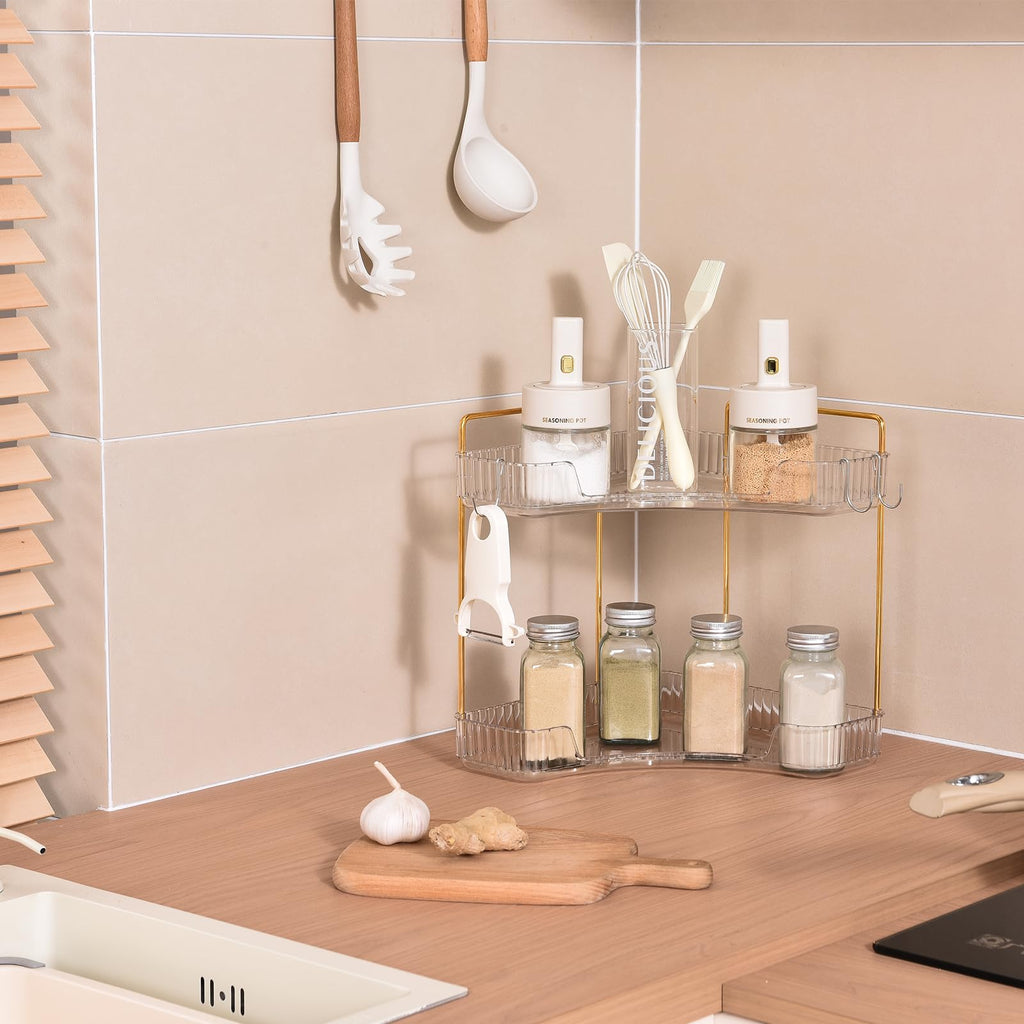 2-Tier Corner Bathroom Organizer Countertop with Hooks, for Makeup, Perfume