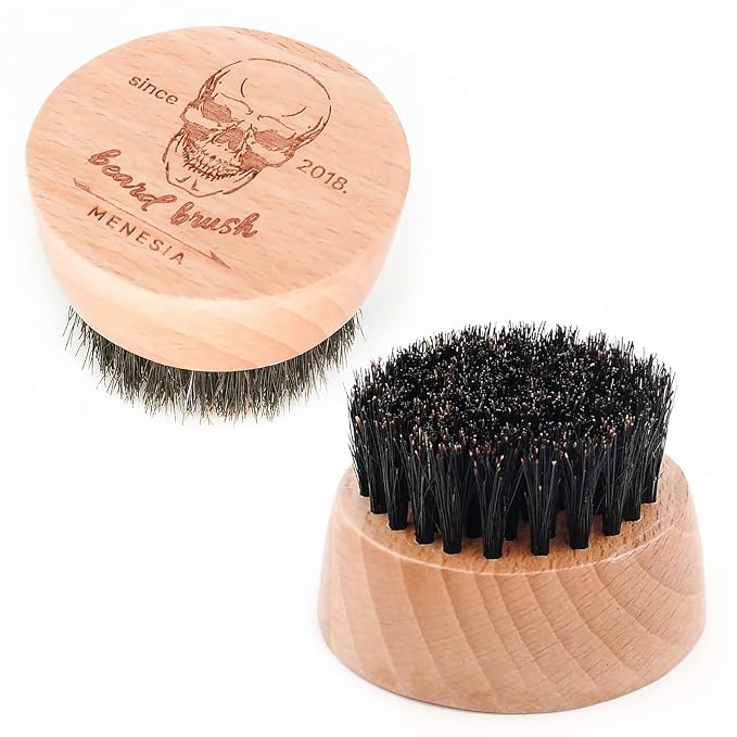 Menesia Small Round Beard Brush, Boar Bristle Wooden Brush for Travel