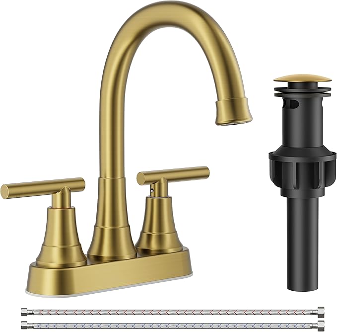 FORIOUS Brushed Gold Centerset Bathroom Faucets for Sink 2 or 3 Hole, 4 Inch Bathroom Sink Faucet with Pop up Drain and Lead-Free cUPC Hose, 360° spout, Two Handles for Restroom,Vanity, RV Remodel