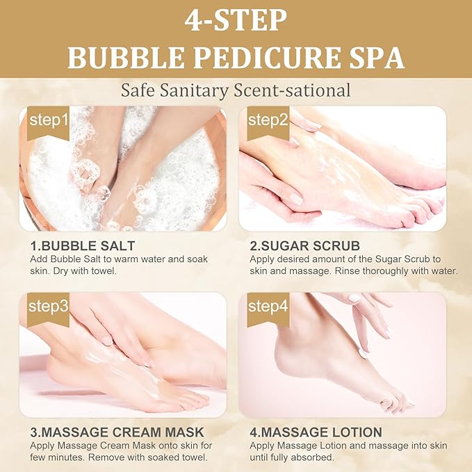 nbc BeautiLab Pedicure Kit Foot Soak Set: Bubble Salt, Sugar Scrub, Massage Mask, Massage Lotion in a Box, 4 Step Foot Spa Kit for Dry Feet,Tired Feet（1 Set Pearl )