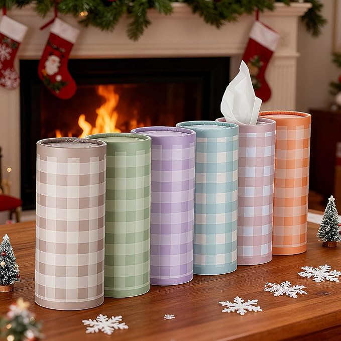 Fourluoo 12 Pack Spring Tissue Boxes for Car Cylinder Bulk Colorful Plaid Round Cylinder Holder with 3 Ply Facial Tissues for Spring Easter Travel Bathroom Office Decoration Supplies