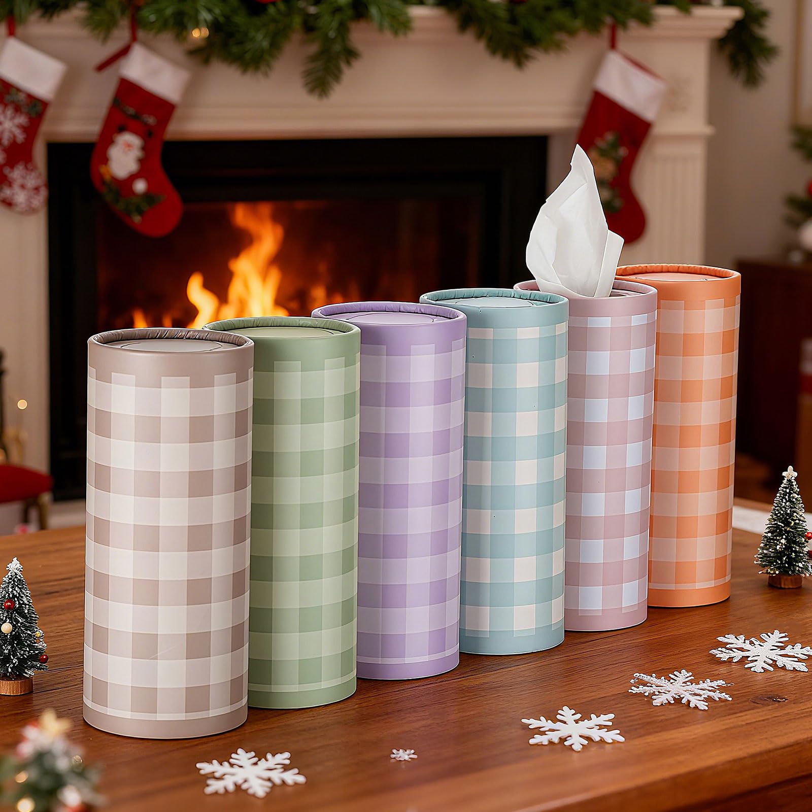Fourluoo 12 Pack Spring Tissue Boxes for Car Cylinder Bulk Colorful Plaid Round Cylinder Holder with 3 Ply Facial Tissues for Spring Easter Travel Bathroom Office Decoration Supplies