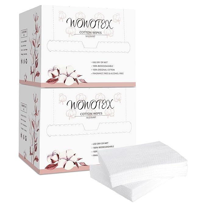 WOWOTEX 100% Cotton Disposable Face Towel 100 Count 10x12 Inch | Biodegradable Thick Soft One Time Use Dry Wipes for Sensitive Skin, Facial Cleaning, Makeup Removal