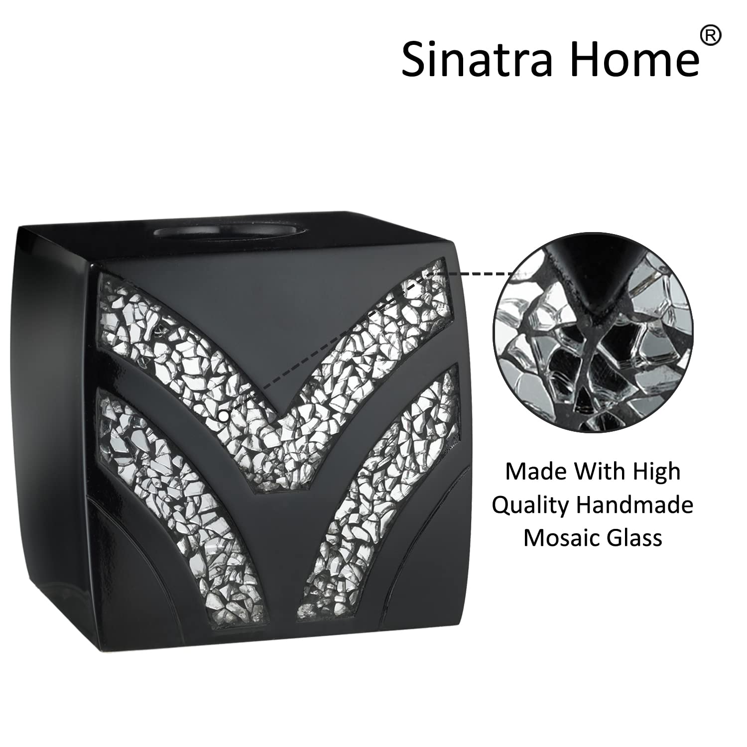 Zahari Home 2pc Sinatra Black Modern Bath Accessories Set Waste Basket & Tissue Box Modern Decorative Beautiful Designs Bathroom Decor Set for Home Luxury Bath Set Mosaic Glass