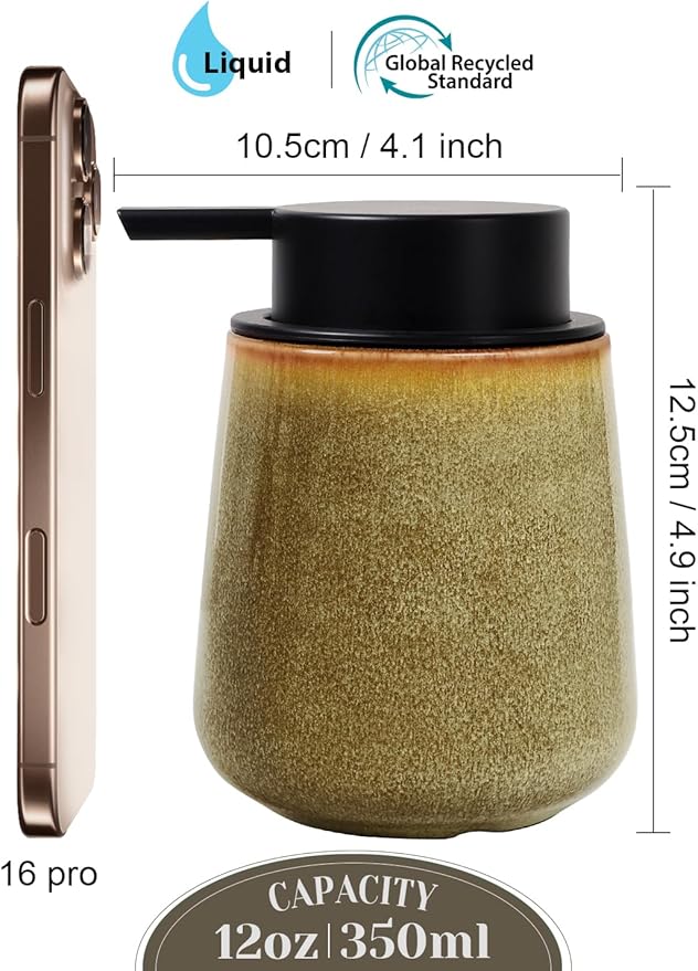INGOFIN Ceramic Lotion Dispenser - 12 oz Refillable Hand Soap Dispenser Bathroom, Modern Liquid Soap Dispenser with Pump, Dish Dispenser for Kitchen,Kiln-Glazed Earthy Yellow-Brown