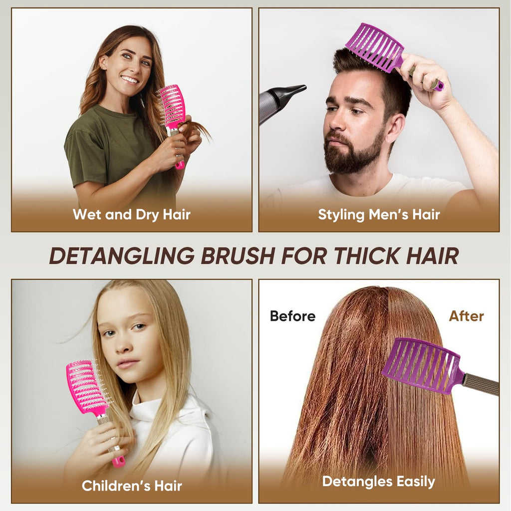 Kertiberif 2 Pack Curved Vented Detangling Brush for Wet and Dry Hair, Paddle Styling Hair Brush for Faster Blow Drying, Detangler Brush for Women Men Curly Thick Hair