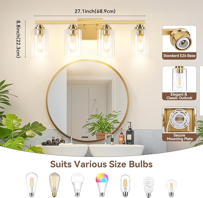 4-Light Bathroom Light Fixtures, 27" Modern Vanity Lights Over Mirror with Clear Glass Shades, Brushed Gold Vanity Lights, Classic Wall Lamp for Mirror Living Room Cabinet Bedroom Porch Kitchen
