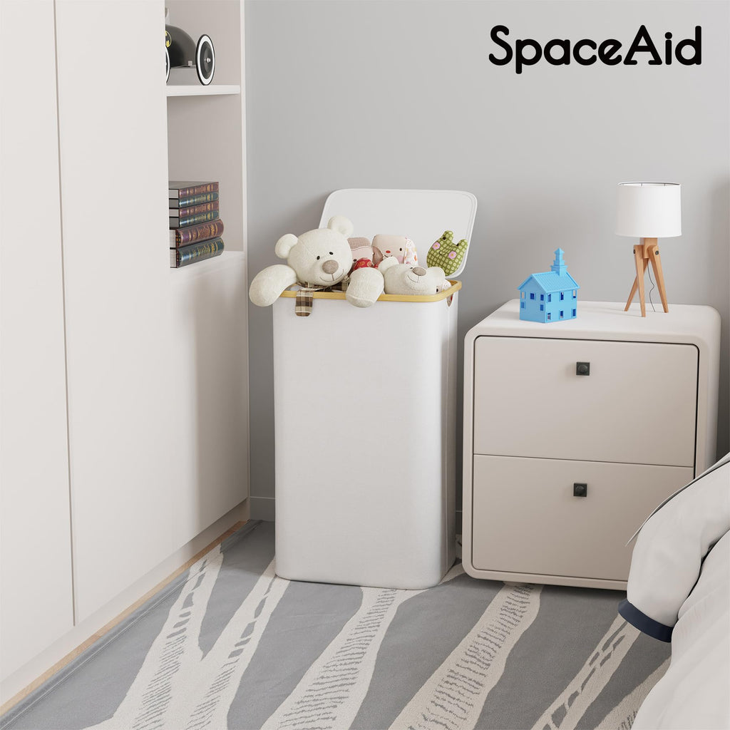 SpaceAid Laundry Hamper with Lid, 110L Large Tall Clothes Basket Bin with Bamboo Handles, Collapsible Laundry Hamper for Bedroom, Bathroom, Dorm, Laundry Room - White