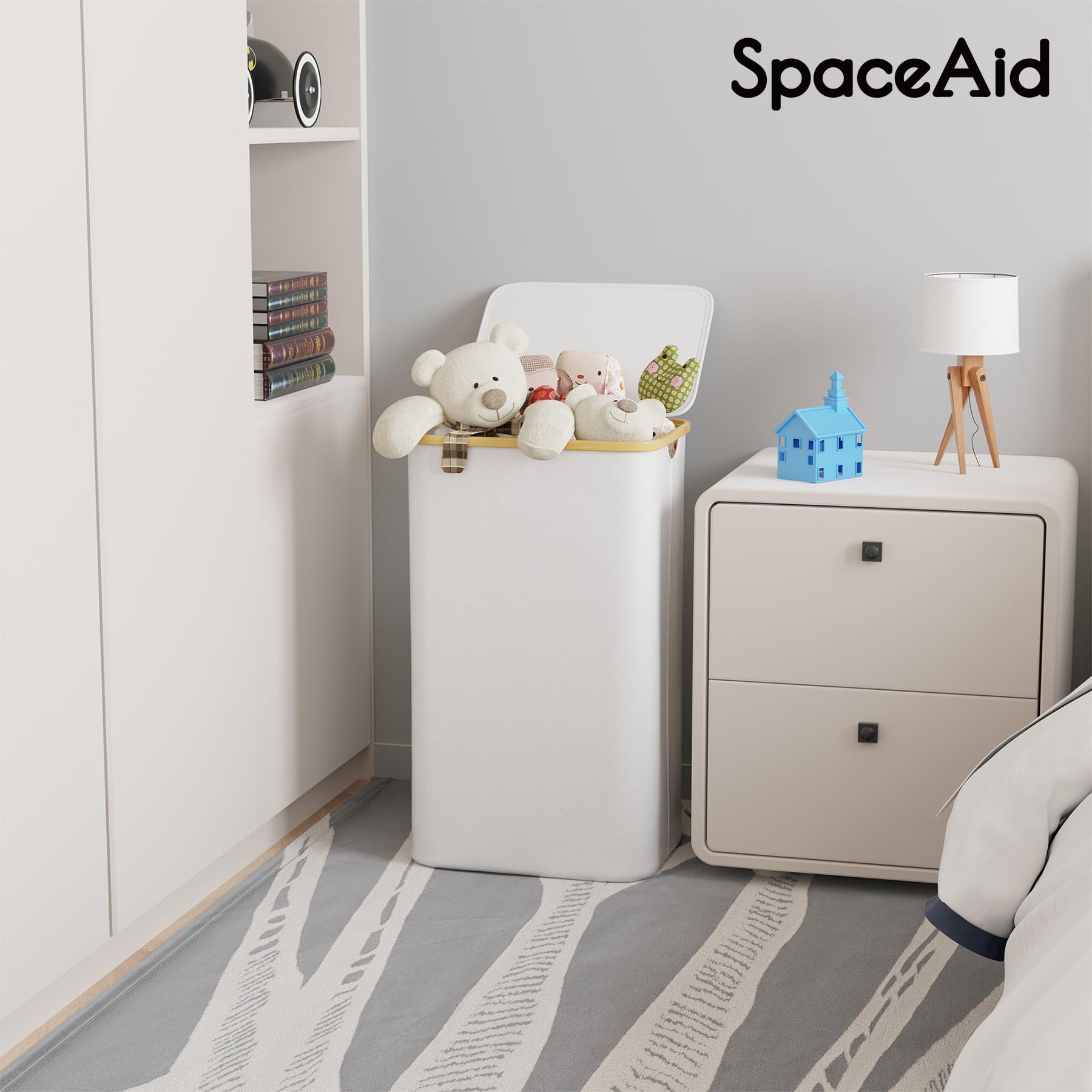 SpaceAid Laundry Hamper with Lid, 110L Large Tall Clothes Basket Bin with Bamboo Handles, Collapsible Laundry Hamper for Bedroom, Bathroom, Dorm, Laundry Room - White