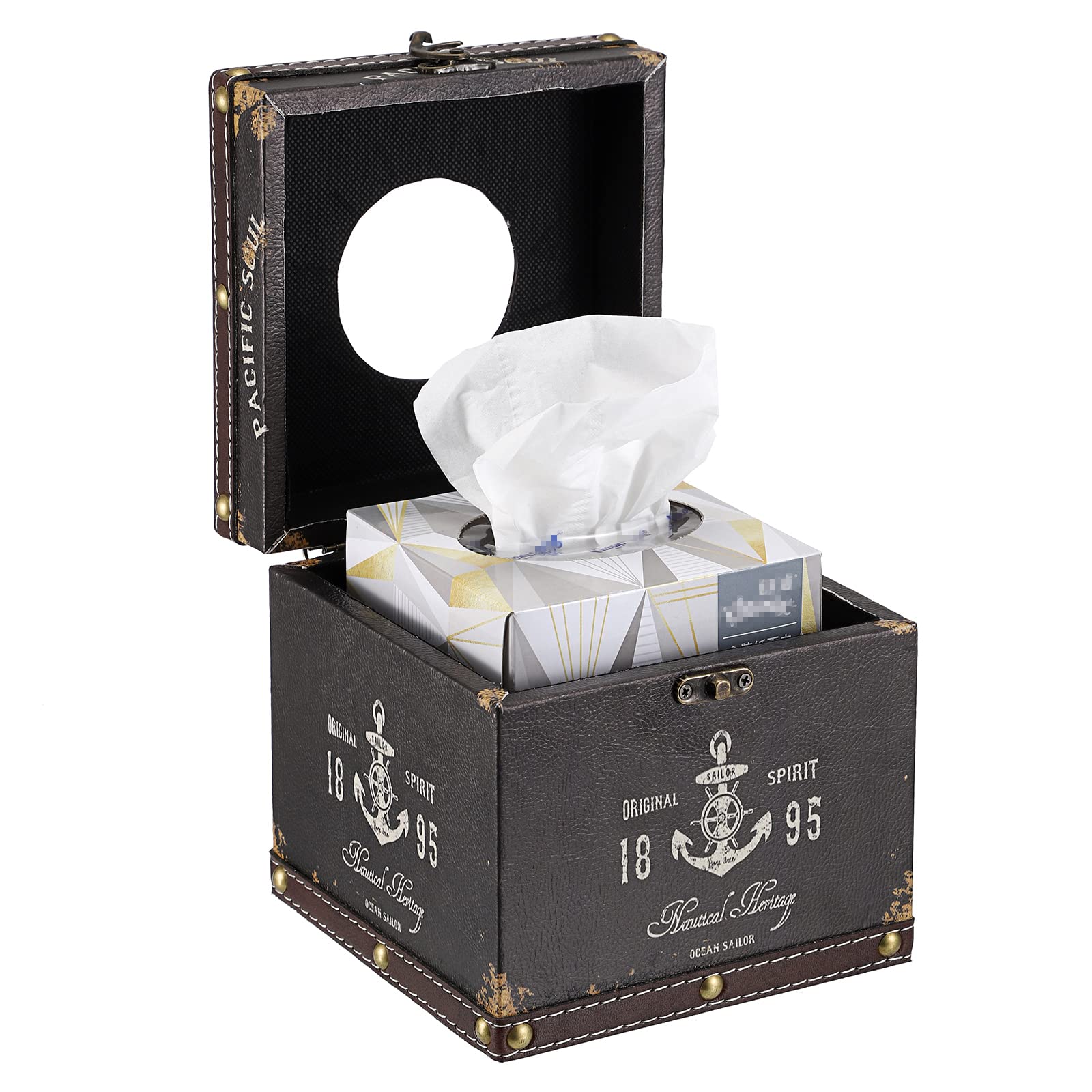 Sumnacon Retro Wood Square Tissue Box Cover - Vintage Cube Tissue Box Holder, Decorative Facial Tissue Holder for Bedroom Bathroom Dresser Night Stand Table Car Store Office Home Decor, Brown