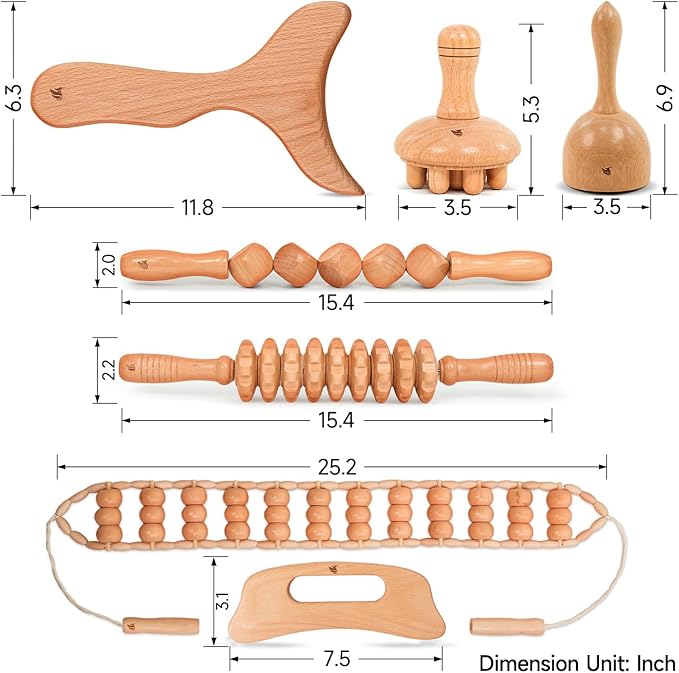 PYSEAN Wooden Massage Tool Set, 7-Piece Body Massage Kit for Home Use, Manual Included