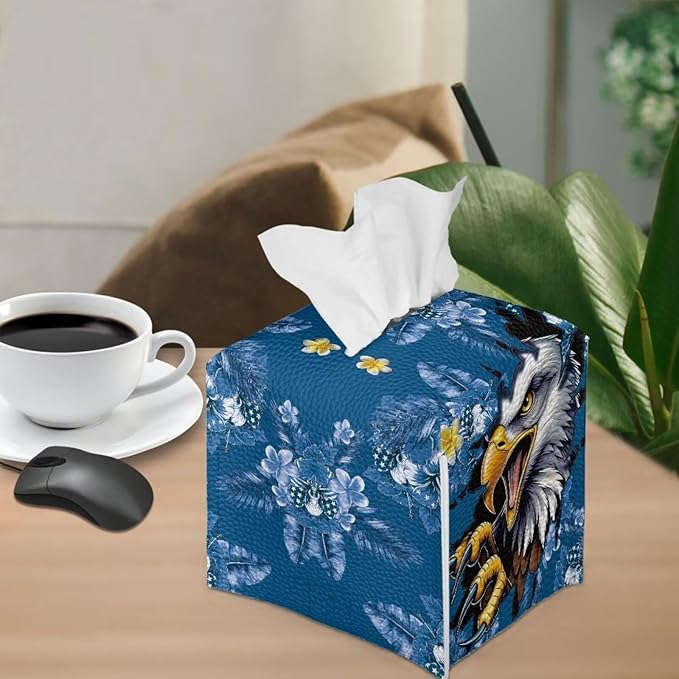 Eagle Blue Flowers Tissue Box Holder, PU Leather Square Napkin Cover with Metal Button, Waterproof Tissue Organizer for Nightstand, Dining Table, Office Desk, and Car Interior
