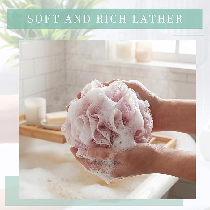 Sunnyray 4 Pack Loofah Bath Sponge Lace Mesh Set Large 60g Shower Poufs Body Scrubber Bath Loofah Ball Body Wash Sponge Exfoliating Scrubber Luffa Puff for Women Men Cleanse Skin Accessories (Classic)