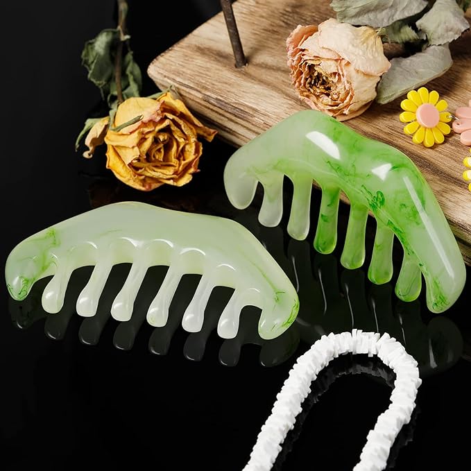 Geiserailie 2 Pcs Jade Combs Esthetician Supplies Massage Stone Hair Gua Sha Scraping Scalp Comb Facial Massage Tool Handheld Head Tools Head Caring Therapy Mother's Day for Women(Elegant Style)