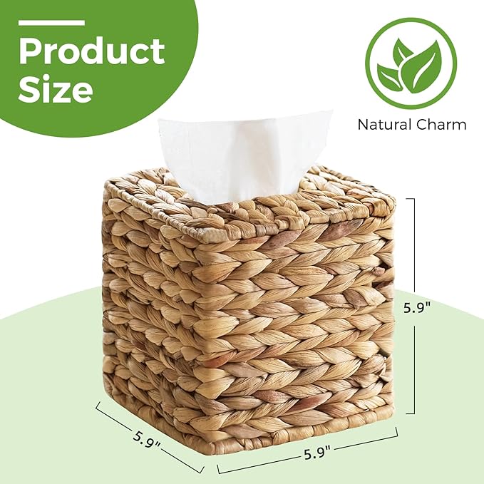 2 Pack Rattan Tissue Box Cover Square, Wicker Tissue Box Holder Facial Tissues Boxes, Hand Woven Square Tissue Box Cover Tissue Holder for Bathroom, Natural