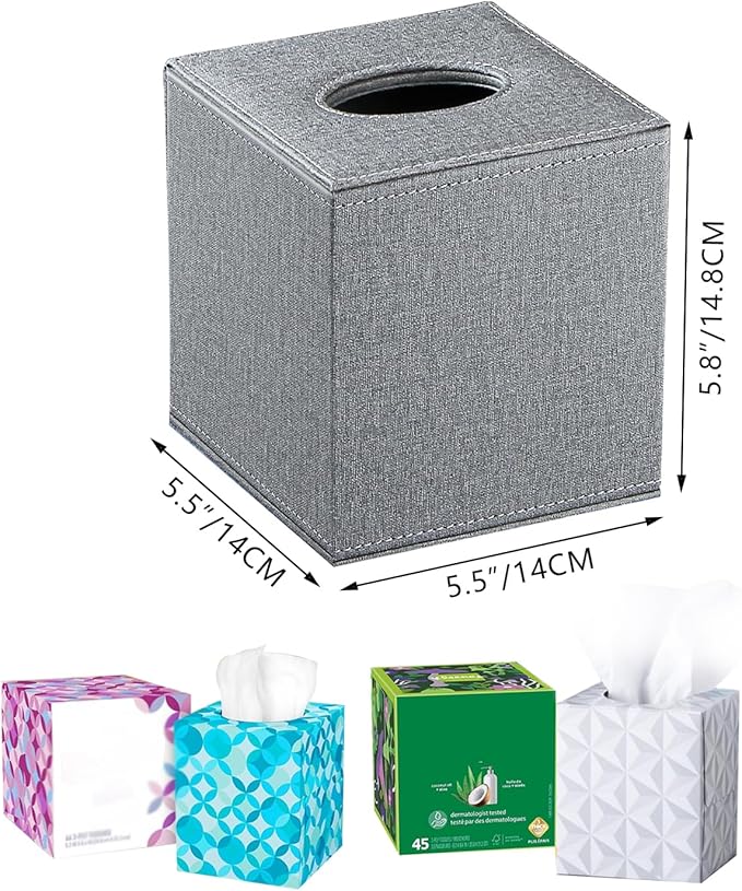 Leather Tissue Box Cover Square,Decorative Cube Tissue Box Holder with Magnetic Bottom,Facial Paper Organizer Table Napkin Case Dispenser for Bathroom NightStand Coffee Car Home Office,Grey