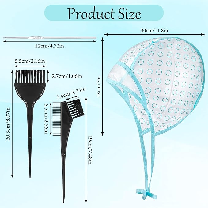 3pcs Hair Color Cap, Highlight Caps for Hair with 3 Metal Hook and 2 Dye Comb & Brush for Salon Hairs Dyeing Hairdressing and DIY Dyeing Hairs, Blue Highlight Cap
