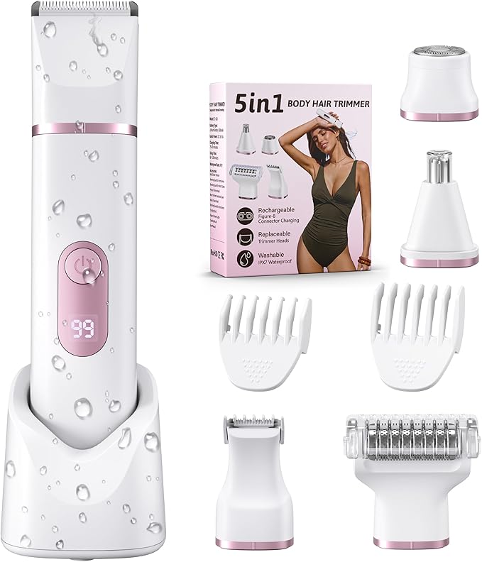 5-in-1 Bikini Trimmer for Women: IPX7 Waterproof Electric Razor Shaver for Silk Skin, Easy Cleaning, 5 Head, Rechargeable Body Hair Removal, LED Display, Ceramic Blade, Gifts for Her