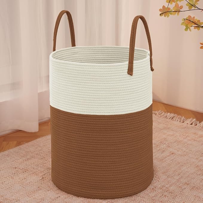 JMvicyroam Large Woven Laundry Basket Hamper,80L Cotton Rope Storage Bin for Blankets,Toys and Clothes,Decorative Tall Nursery Hamper for Living Room,Baby Nursery,Bathroom and Bedroom,White and Brown