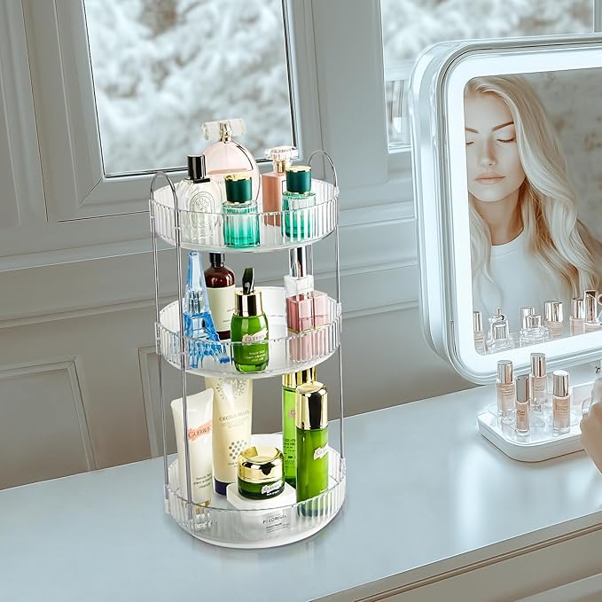 Niluks 360 Rotating Makeup Organizer, 3 Tier Large Capacity Lazy Susan Bathroom Counter Organizer, Skincare Organizers, Spinning Perfume Organizer & Vanity Organizer Countertop (Silver Clear, 3 Tier)