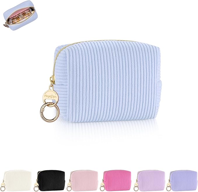 Playexen Mini Makeup Bag, Corduroy Small Cosmetic Bag for Purse, Blue